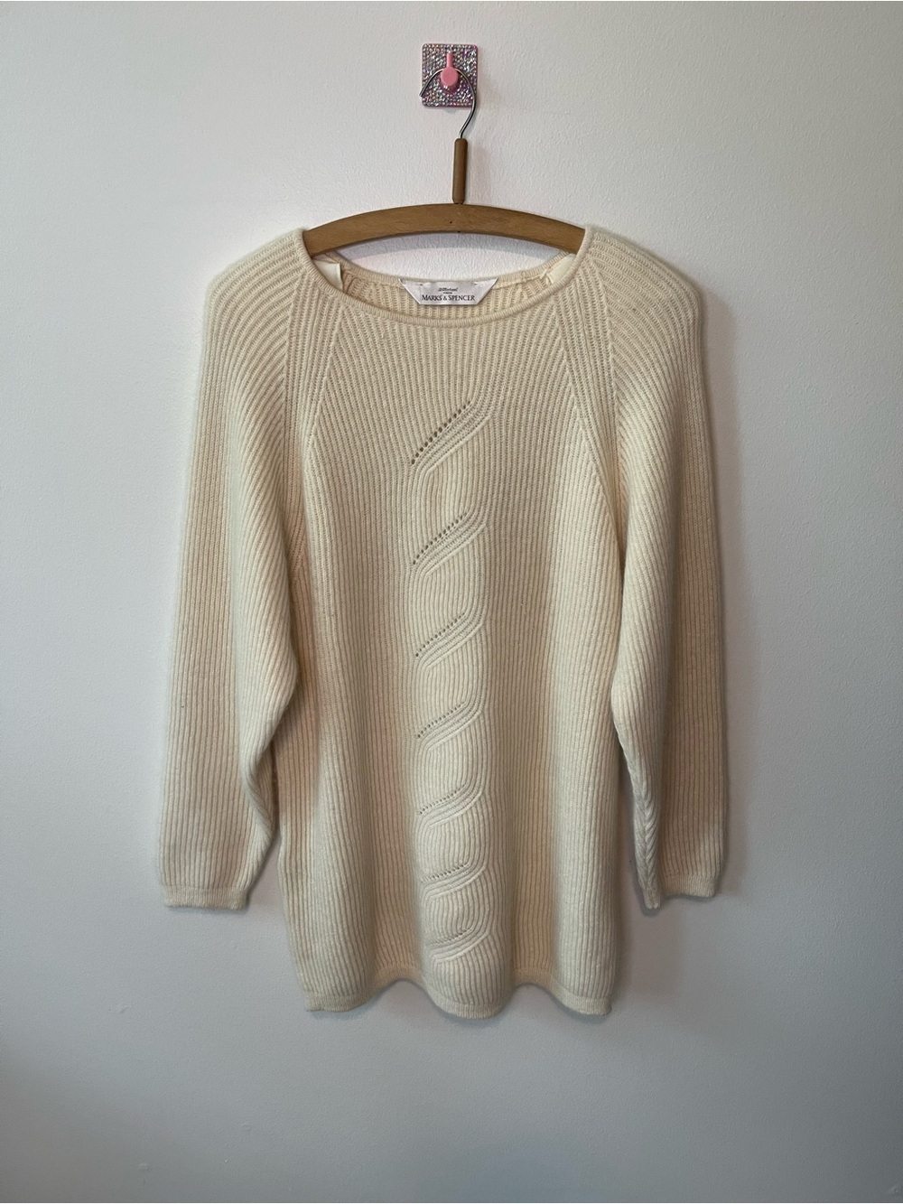 Vintage Lambswool Angora Blend Cream Cable Knit Sweater Size Large